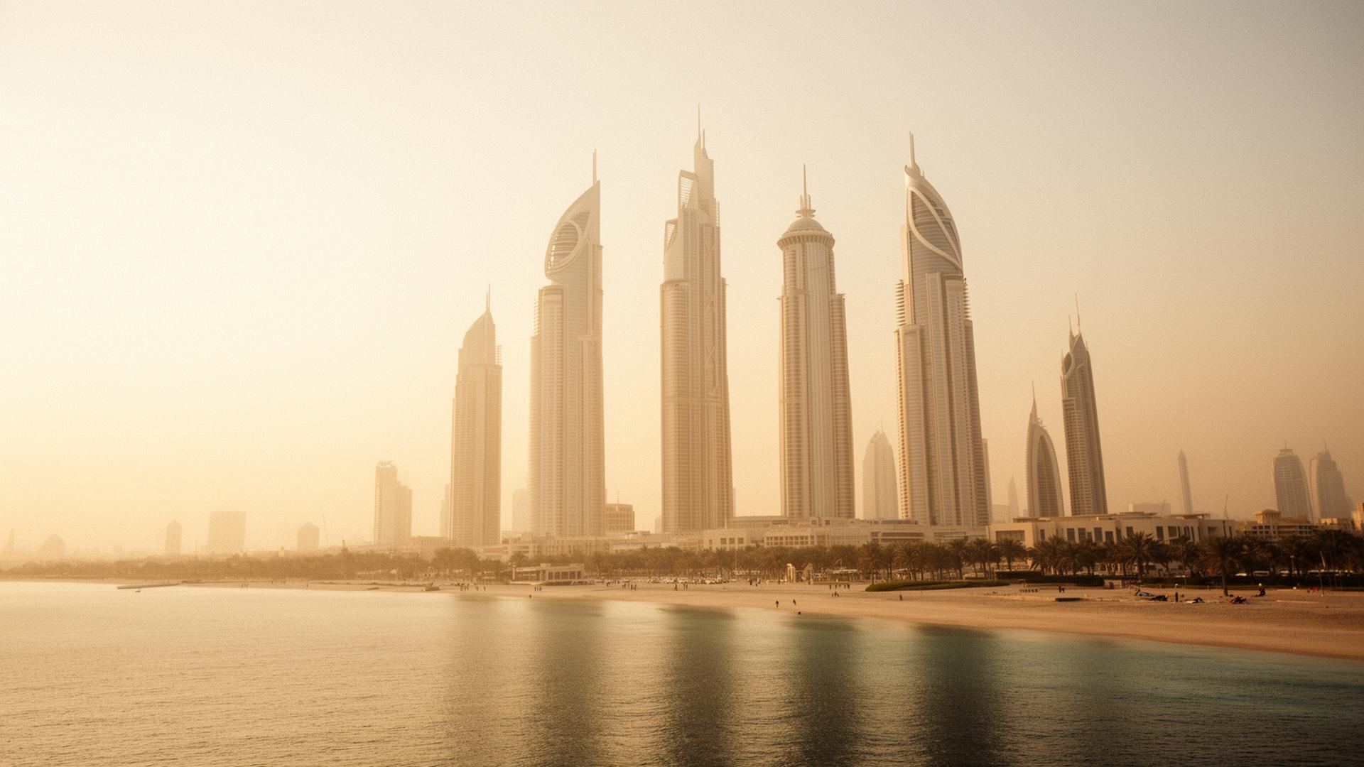 Architectural detail of a tower in Dubai at golden hour